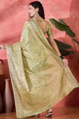 Green ethnic motifs woven design zari detail saree with unstitched blouse