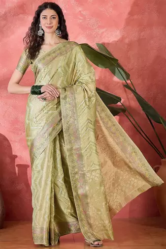 Green ethnic motifs woven design zari detail saree with unstitched blouse
