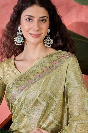 Green ethnic motifs woven design zari detail saree with unstitched blouse