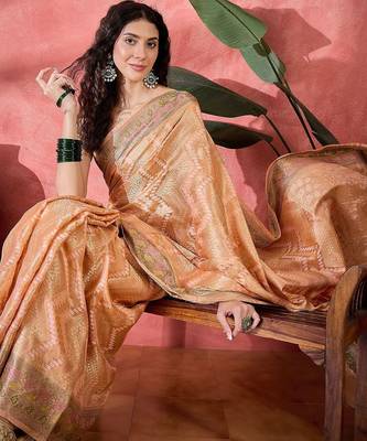 Peach ethnic motifs woven design zari bandhani saree 1