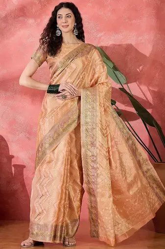 Peach ethnic motifs woven design zari bandhani saree