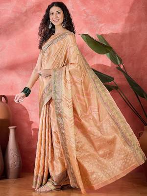 Peach ethnic motifs woven design zari bandhani saree 3