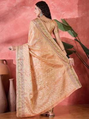 Peach ethnic motifs woven design zari bandhani saree 4