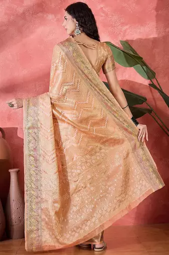 Peach ethnic motifs woven design zari bandhani saree