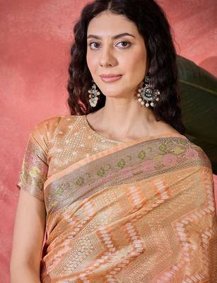 Peach ethnic motifs woven design zari bandhani saree 5