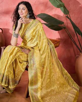 Yellow ethnic motifs woven design zari border saree with unstitched blouse 1