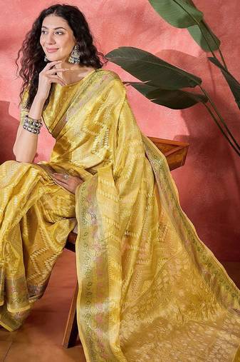Yellow ethnic motifs woven design zari border saree with unstitched blouse