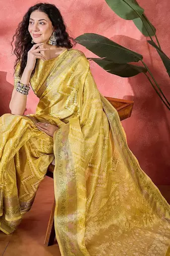 Yellow ethnic motifs woven design zari border saree with unstitched blouse
