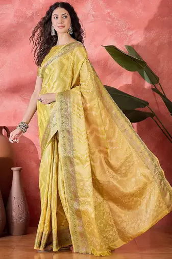 Yellow ethnic motifs woven design zari border saree with unstitched blouse