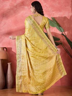Yellow ethnic motifs woven design zari border saree with unstitched blouse 4