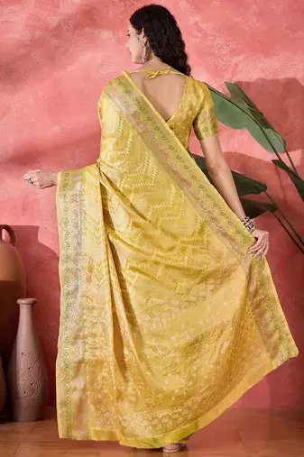 Yellow ethnic motifs woven design zari border saree with unstitched blouse