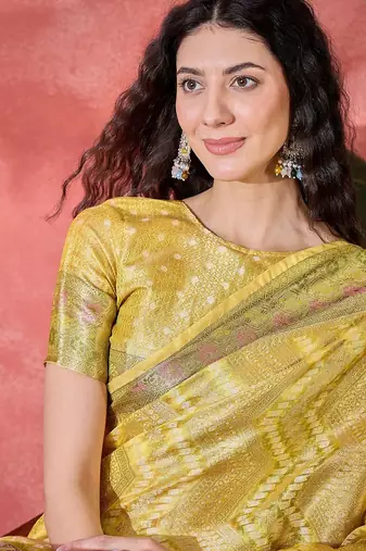 Yellow ethnic motifs woven design zari border saree with unstitched blouse