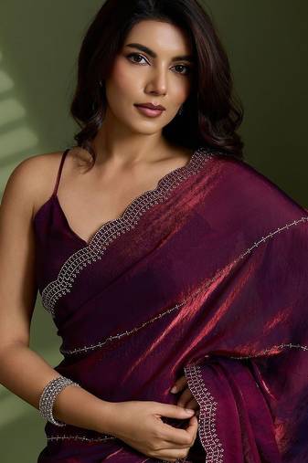 Purple beads stones silk satin party sarees