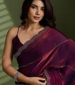 Purple beads stones silk satin party sarees
