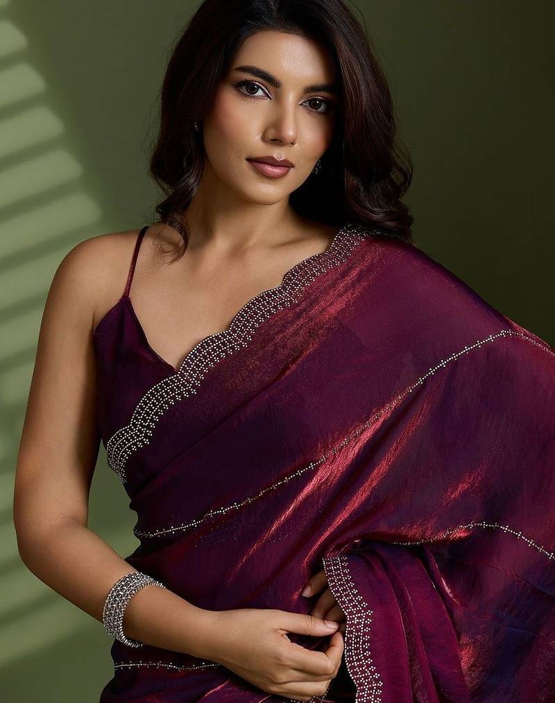 Purple beads stones silk satin party sarees