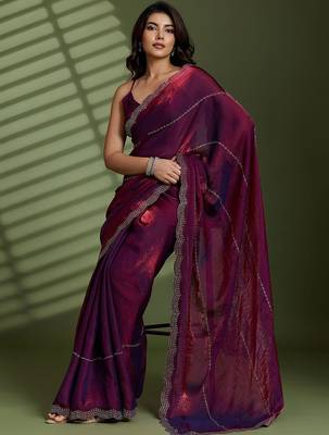 Purple beads stones silk satin party sarees 2