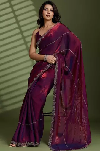 Purple beads stones silk satin party sarees