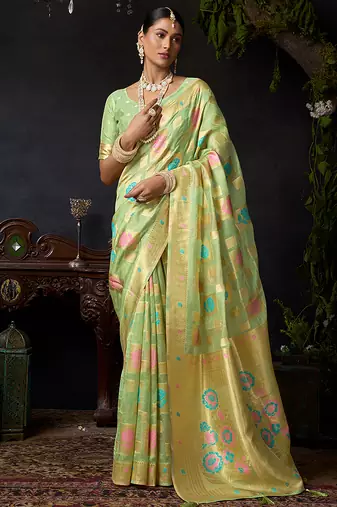 Sage green organza khadi saree with elegant jhallar festive wear saree