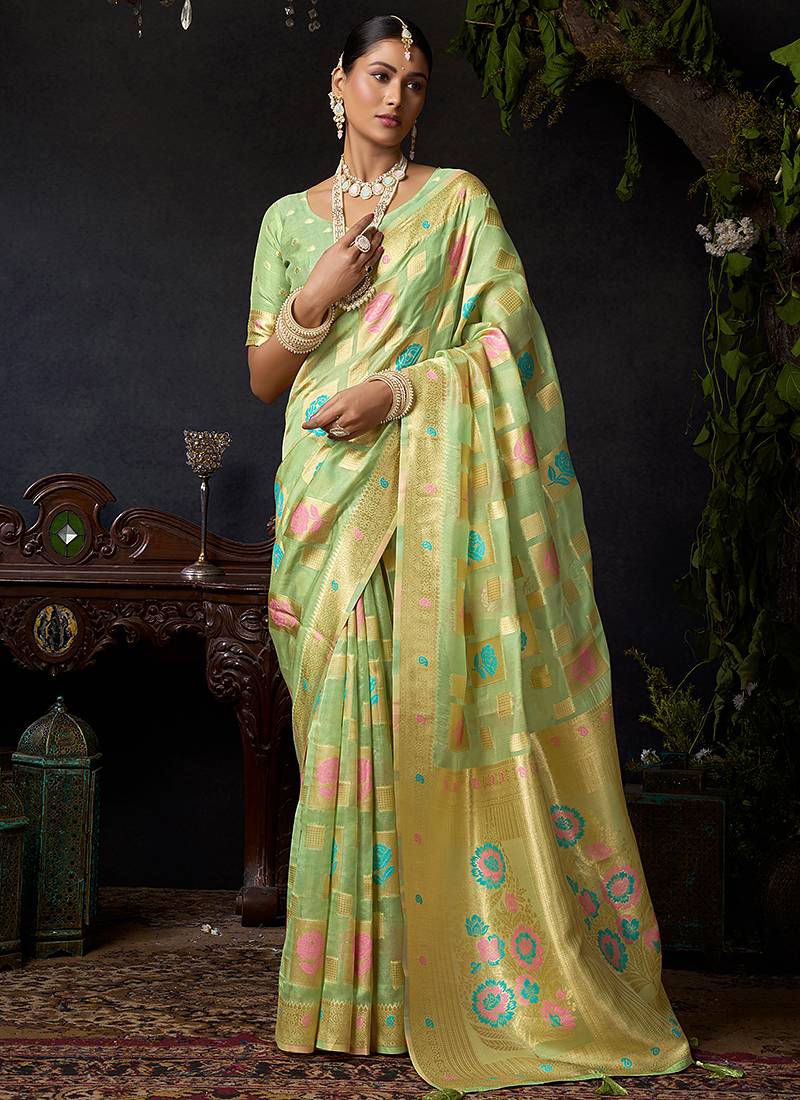 Sage green organza khadi saree with elegant jhallar festive wear saree