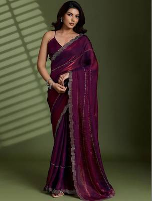 Purple beads stones silk satin party sarees 3
