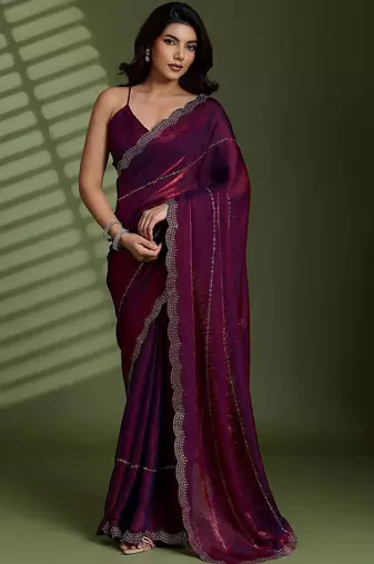 Purple beads stones silk satin party sarees