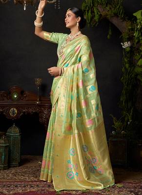 Sage green organza khadi saree with elegant jhallar festive wear saree 2