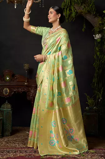 Sage green organza khadi saree with elegant jhallar festive wear saree