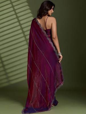 Purple beads stones silk satin party sarees 4