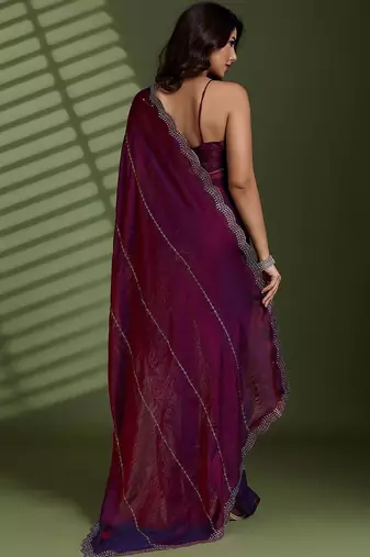 Purple beads stones silk satin party sarees