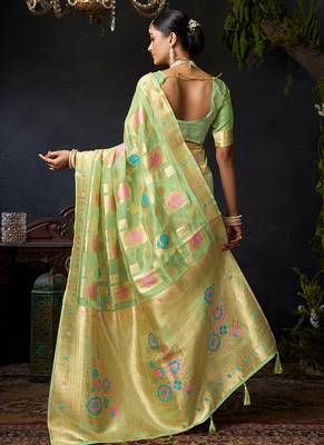 Sage green organza khadi saree with elegant jhallar festive wear saree 3