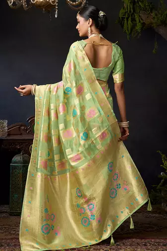 Sage green organza khadi saree with elegant jhallar festive wear saree