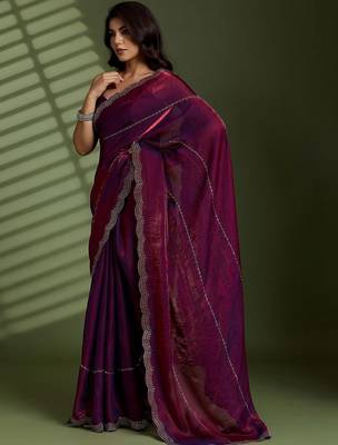 Purple beads stones silk satin party sarees 5