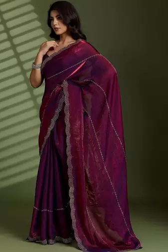 Purple beads stones silk satin party sarees