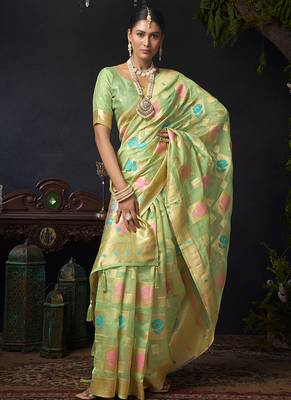 Sage green organza khadi saree with elegant jhallar festive wear saree 4