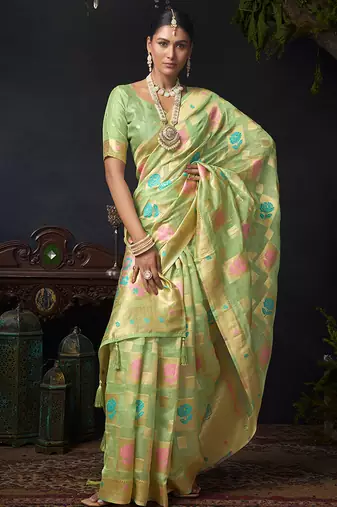 Sage green organza khadi saree with elegant jhallar festive wear saree