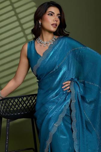 Blue beads stones silk satin party sarees
