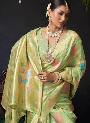 Sage green organza khadi saree with elegant jhallar festive wear saree 5