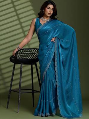 Blue beads stones silk satin party sarees 2
