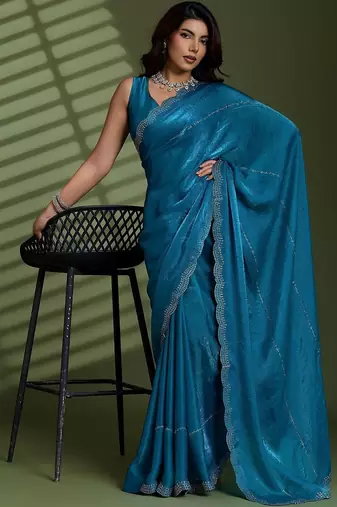 Blue beads stones silk satin party sarees