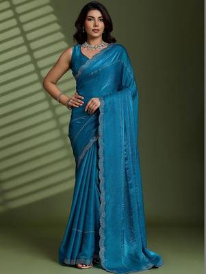 Blue beads stones silk satin party sarees 3