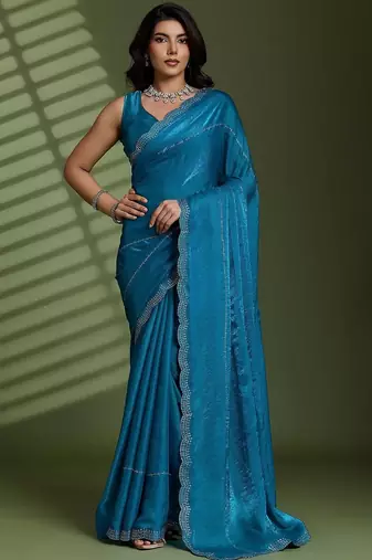 Blue beads stones silk satin party sarees