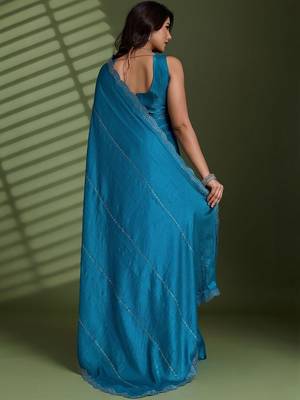 Blue beads stones silk satin party sarees 4