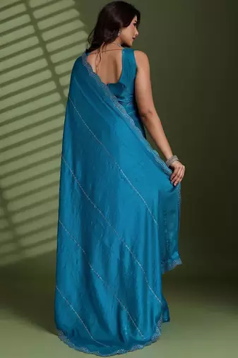 Blue beads stones silk satin party sarees