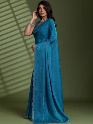 Blue beads stones silk satin party sarees 5