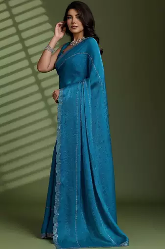 Blue beads stones silk satin party sarees