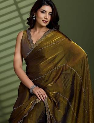 Gold beads stones silk satin party sarees 1