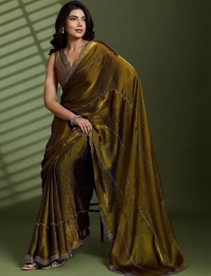 Gold beads stones silk satin party sarees 2