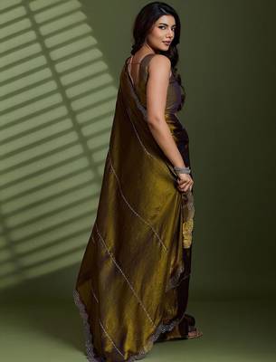 Gold beads stones silk satin party sarees 4