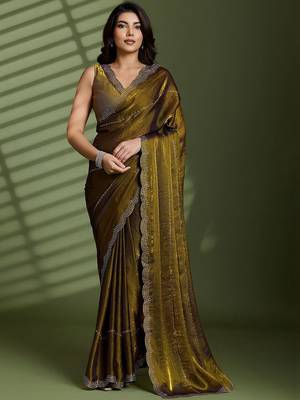 Gold beads stones silk satin party sarees 5