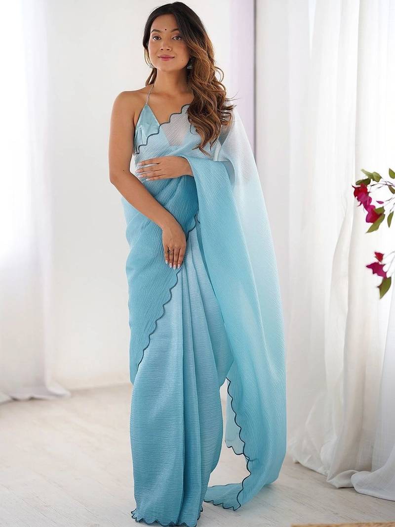 Blue  chiffon designer saree